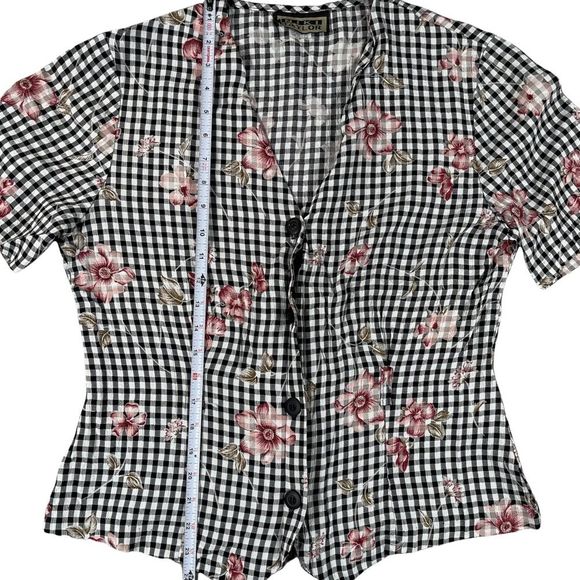 Niki Taylor vintage medium button down black & white checkered floral Vneck top - Picture 10 of 12